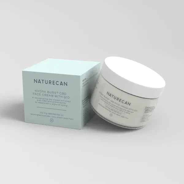 Naturecan Hydra Burst CBD Face Cream packaging with jar and box on a light background.
