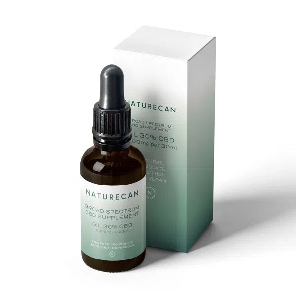 Naturecan 30% CBD oil bottle and box packaging, 30ml, labeled as broad spectrum supplement.