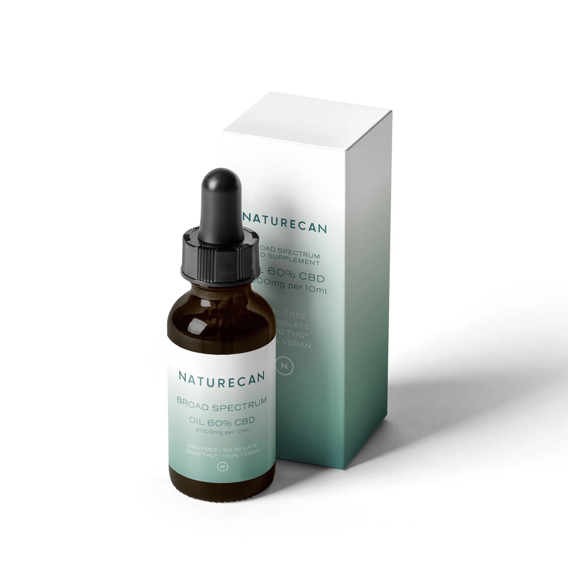 Naturecan 60% CBD oil bottle and box, featuring broad-spectrum, vegan, and GMO-free labels.