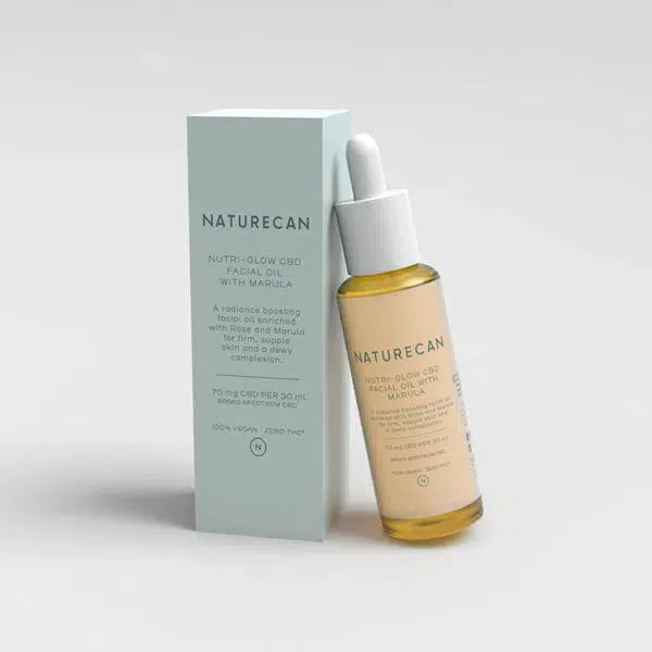 Naturecan Nutri-Glow CBD Facial Oil with Marula, bottle and box, 100% vegan, 70mg CBD per 30ml.