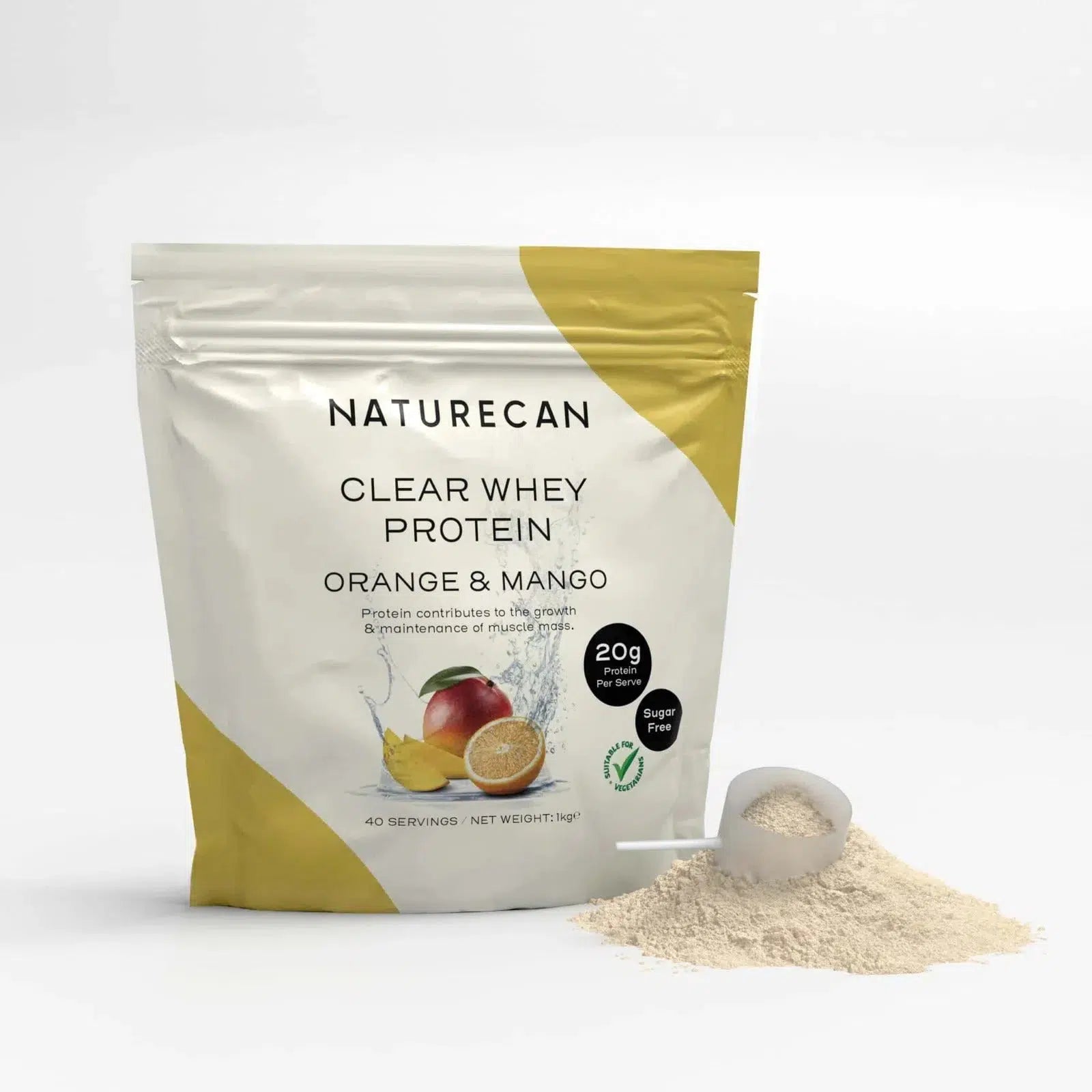 Naturecan Clear Whey Protein Orange & Mango packaging with scoop and powder, highlighting 20g protein per serving.