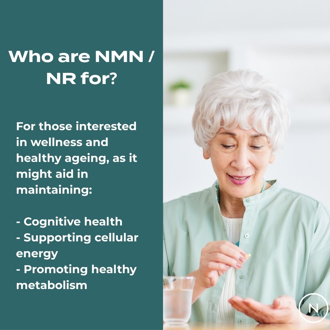 Senior woman holding a capsule, text discussing NMN/NR benefits for cognitive health, cellular energy, and metabolism.