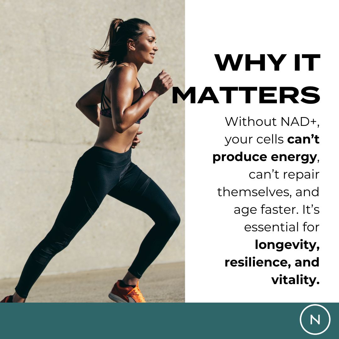Woman running next to text about NAD+ benefits for energy, longevity, and vitality.