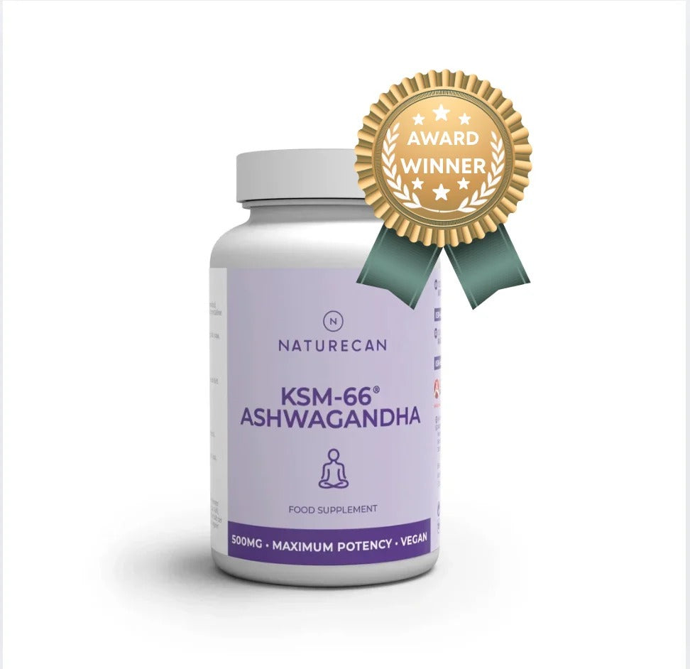 A white bottle of Naturecan KSM-66 Ashwagandha food supplement with a lavender label, featuring a gold 'Award Winner' seal overlay on the top right, set against a plain white background.