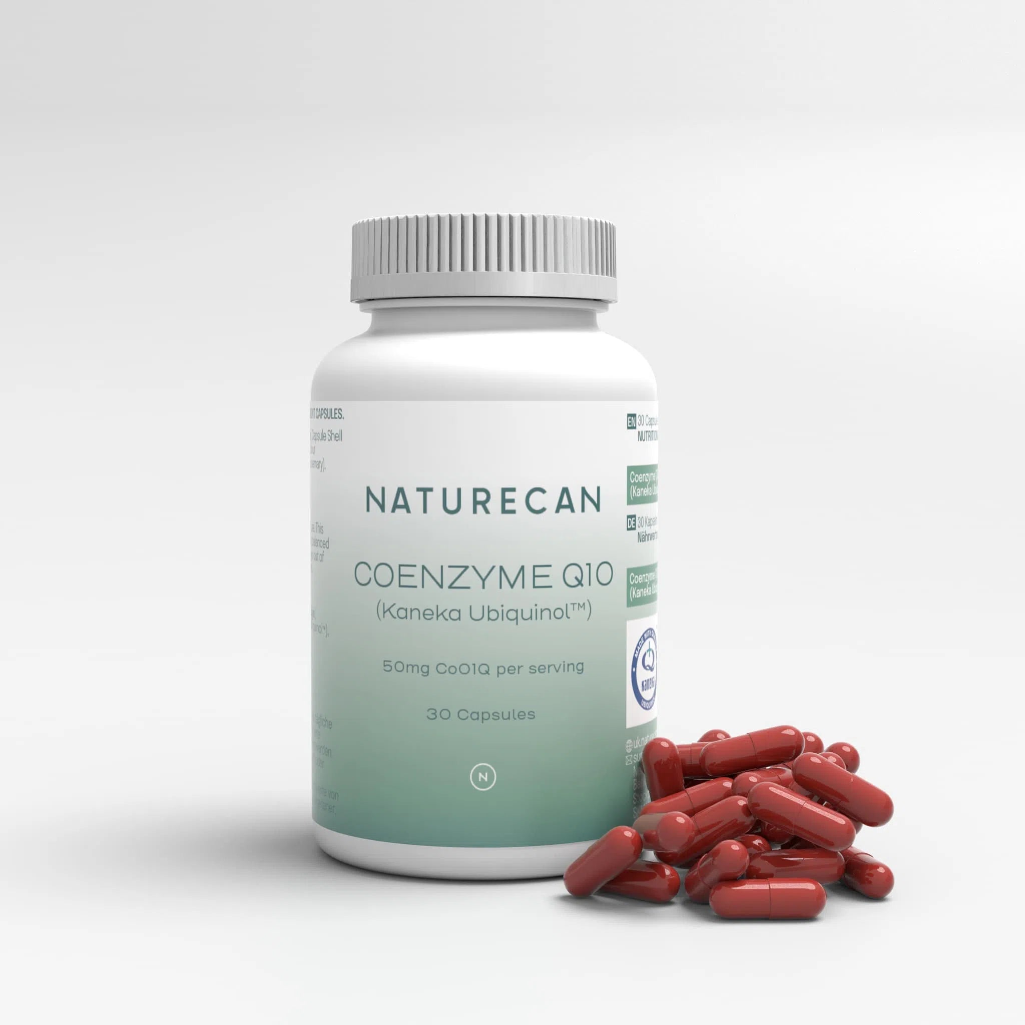 Naturecan Coenzyme Q10 capsules bottle with scattered red capsules on a white background.