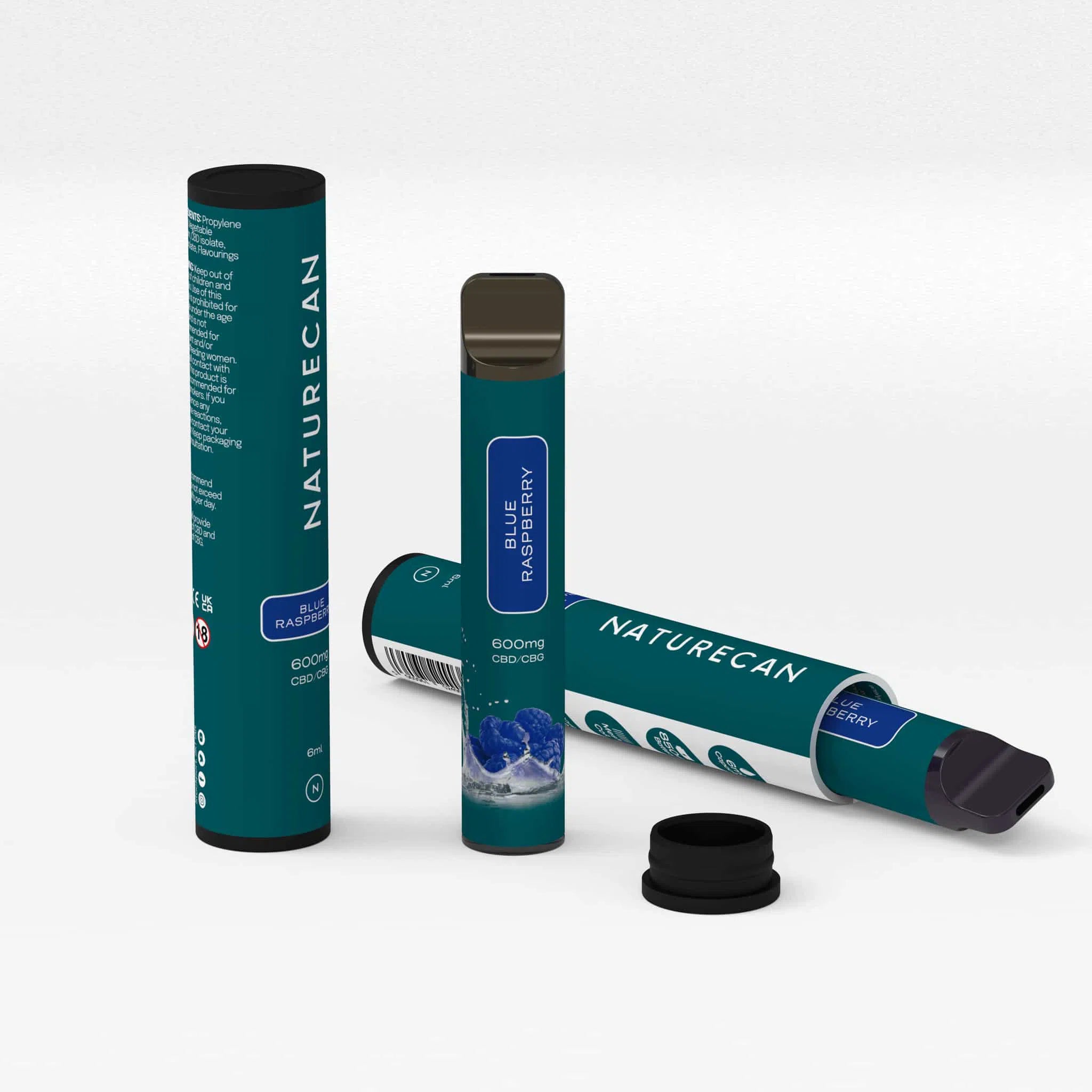 Naturecan blue raspberry CBD vape pen packaging featuring 600mg CBD-CBG blend.