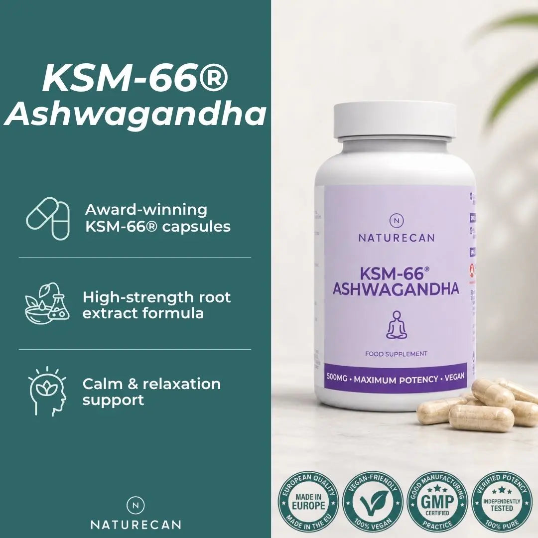 Naturecan KSM-66 Ashwagandha food supplement bottle with capsules on a marble surface, next to a dark teal text panel highlighting product benefits and featuring certification badges at the bottom.