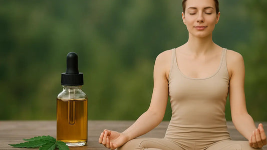 Meditating woman, CBD oil, cannabis leaf, natural background, relaxing atmosphere