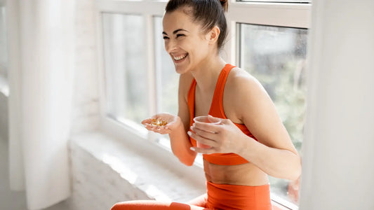 exited woman sitting beeing ready to take NMN 