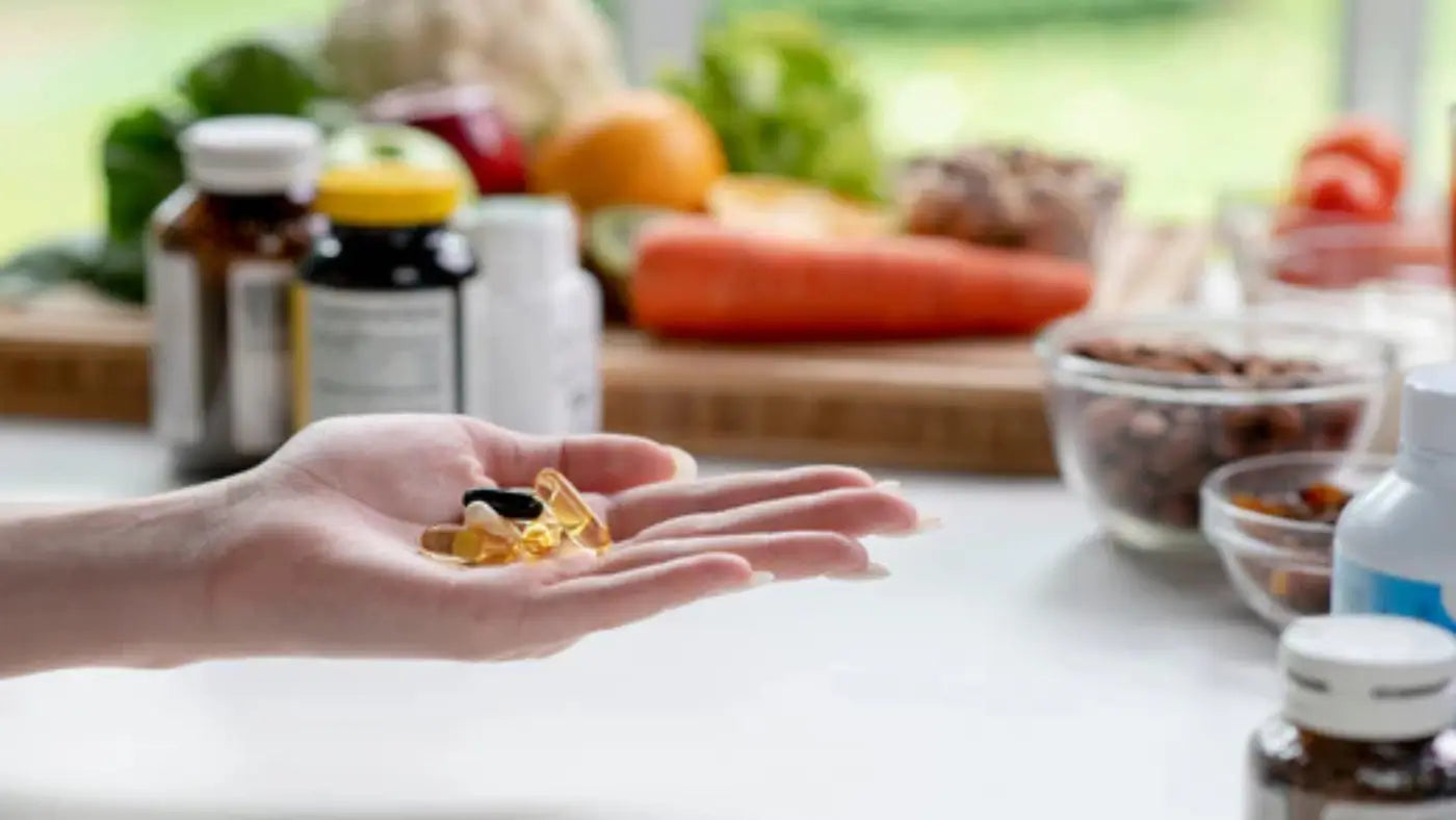 hand holding Anti-Ageing Supplements and in the background are shown Longevity foods and supplements