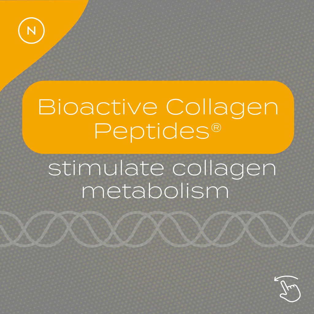Banner with "Bioactive Collagen Peptides stimulate collagen metabolism" on a gray background with a DNA strand graphic.