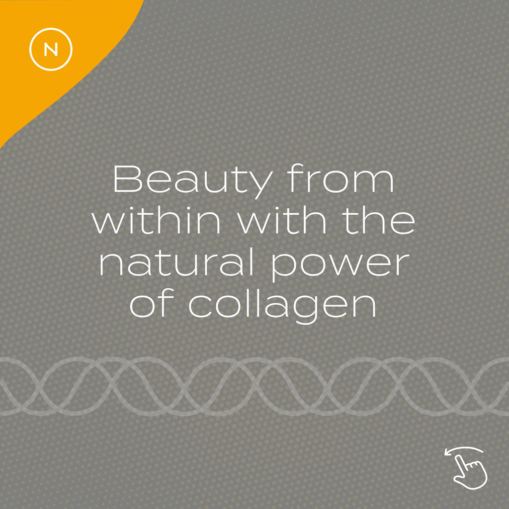 "Text promoting collagen's natural beauty benefits on a gray background with decorative lines."