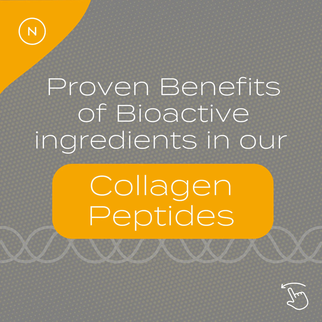 Proven benefits of bioactive ingredients in collagen peptides highlighted on a gray and orange design.