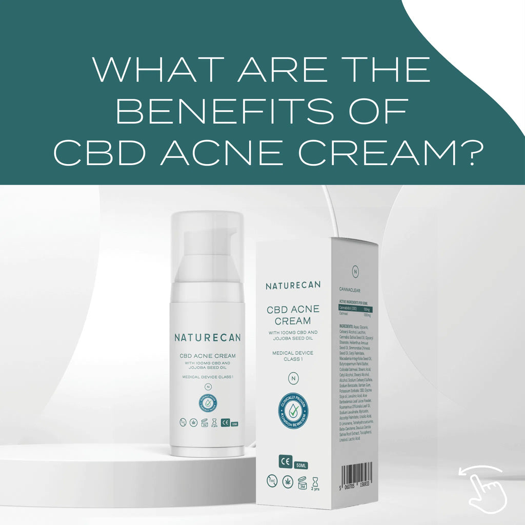 Naturecan CBD Acne Cream packaging with text highlighting product benefits.