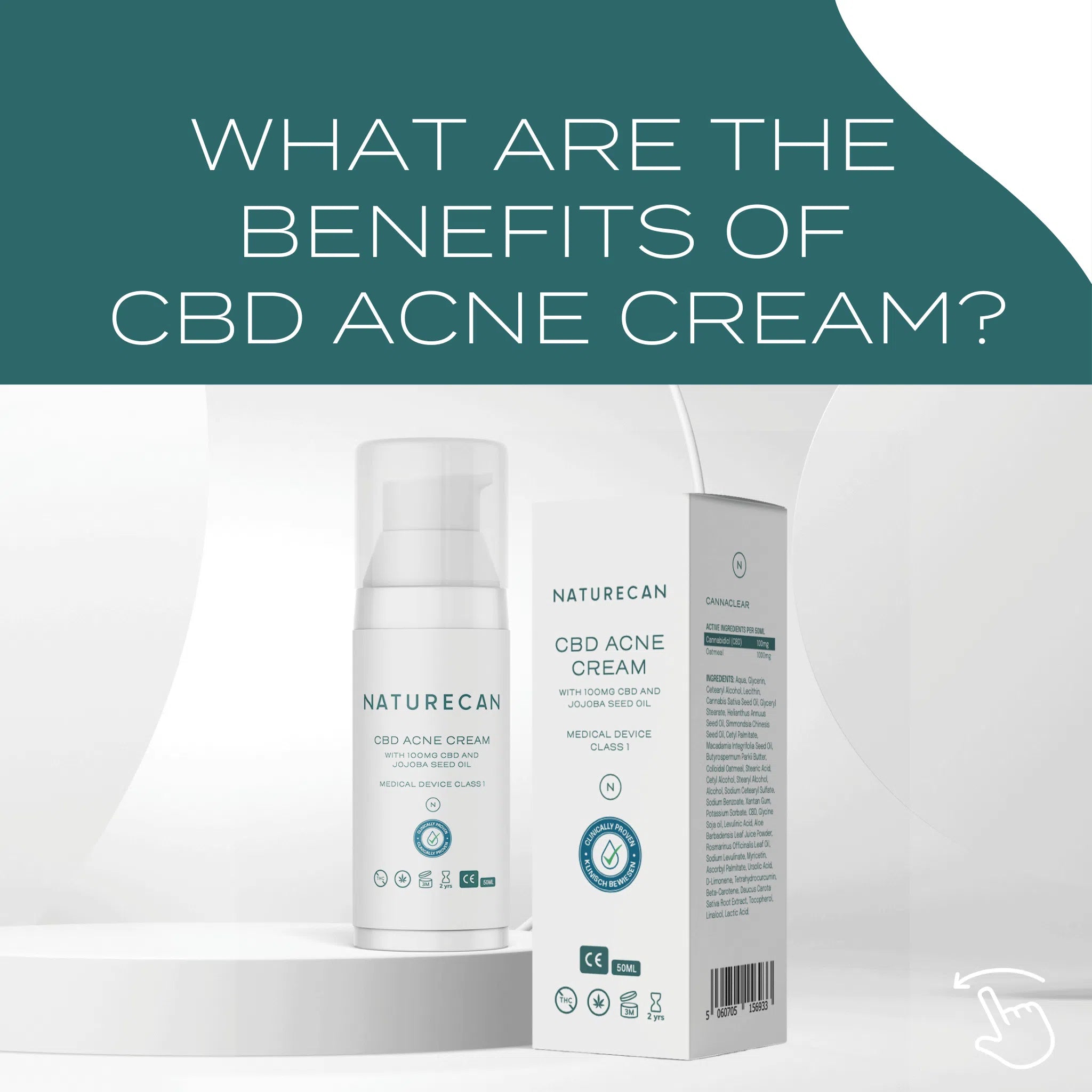 Naturecan CBD Acne Cream packaging with text highlighting product benefits.