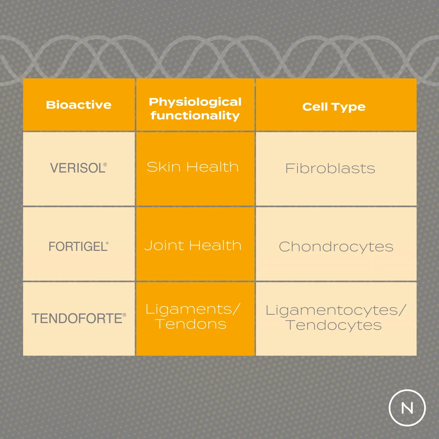 Bioactive table showing Verisol for skin health, Fortigel for joint health, and Tendoforte for ligaments/tendons.