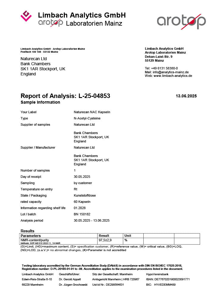 Limbach Analytics GmbH report for Naturecan Ltd on N-Acetyl-Cysteine sample, dated 13.06.2025.
