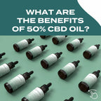 Bottles of 50% CBD oil labeled "NATURECAN" on a green background with text asking about benefits.