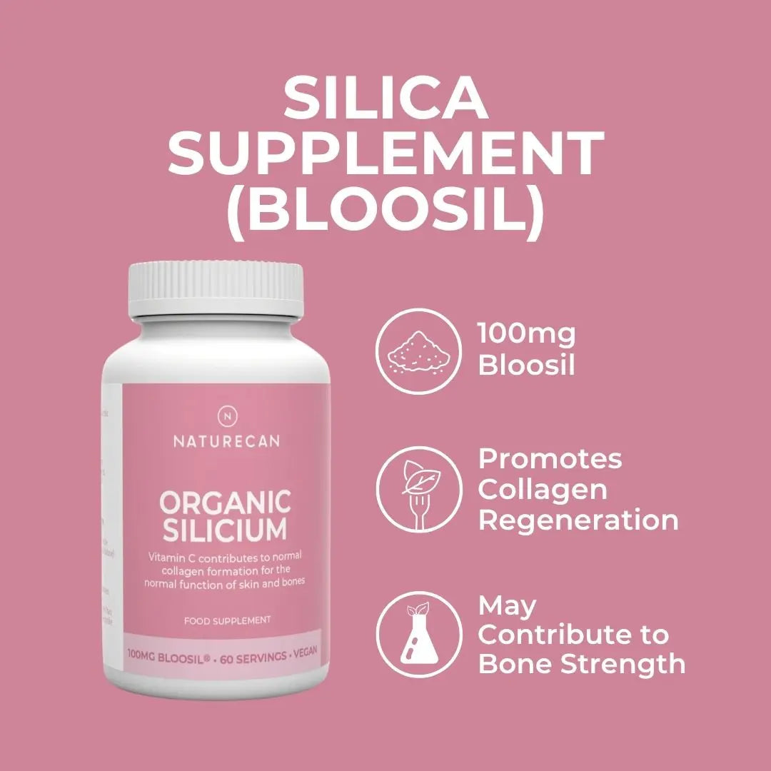 Silica supplement bottle with branding and product details on a pink background