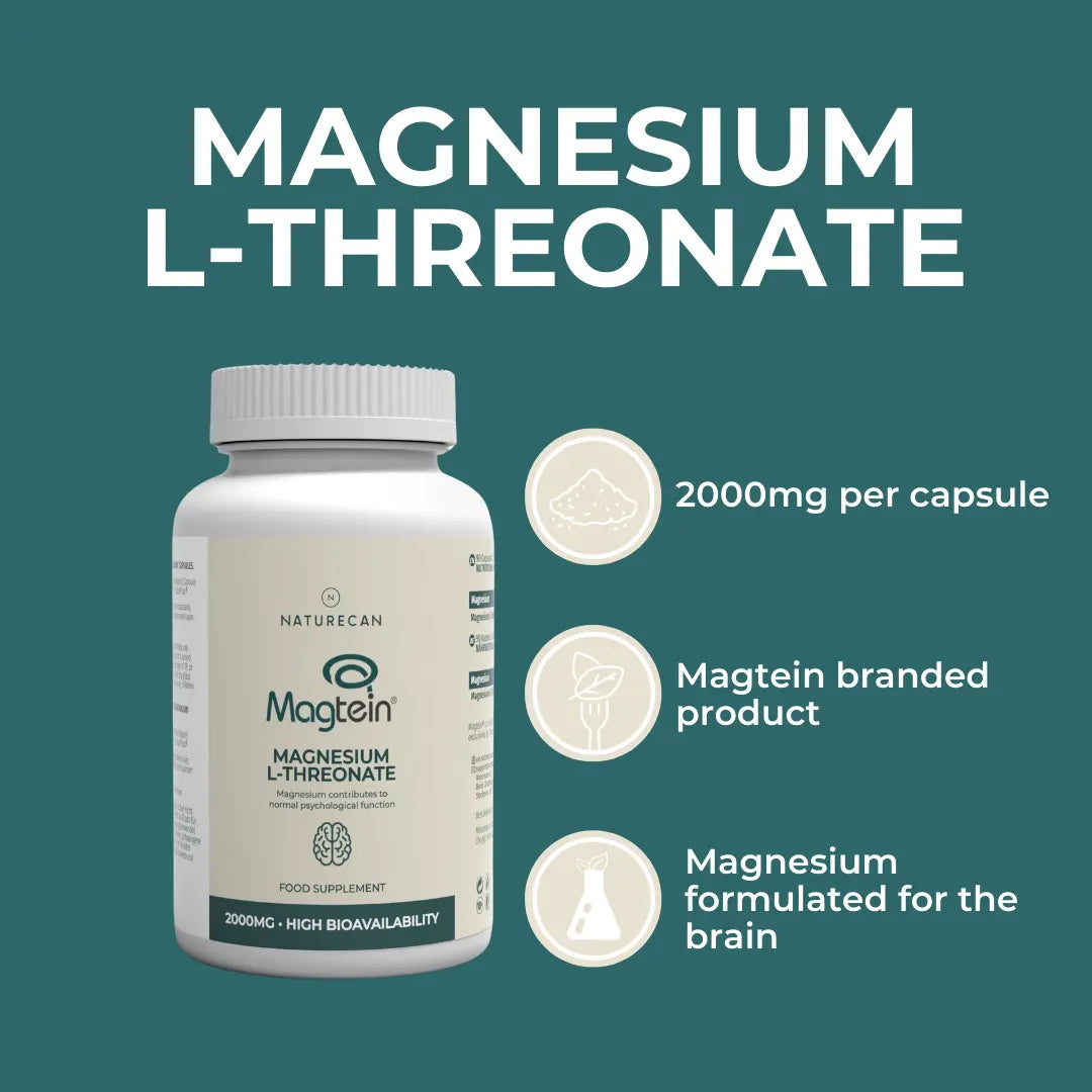 Magtein Magnesium L-Threonate supplement bottle with product details on a green background