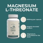 Magtein Magnesium L-Threonate supplement bottle with product details on a green background