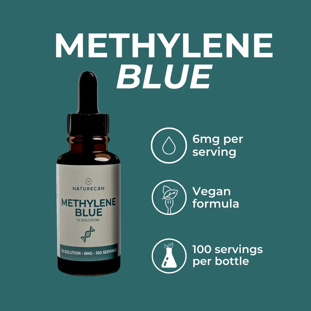 Bottle of Methylene Blue with product details on a green background