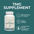Naturecan TMG supplement bottle with 686mg betaine per capsule, vegan friendly, supports homocysteine metabolism.