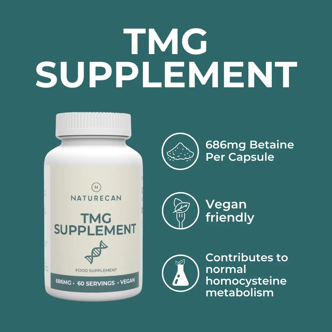 Naturecan TMG supplement bottle with 686mg betaine per capsule, vegan friendly, supports homocysteine metabolism.