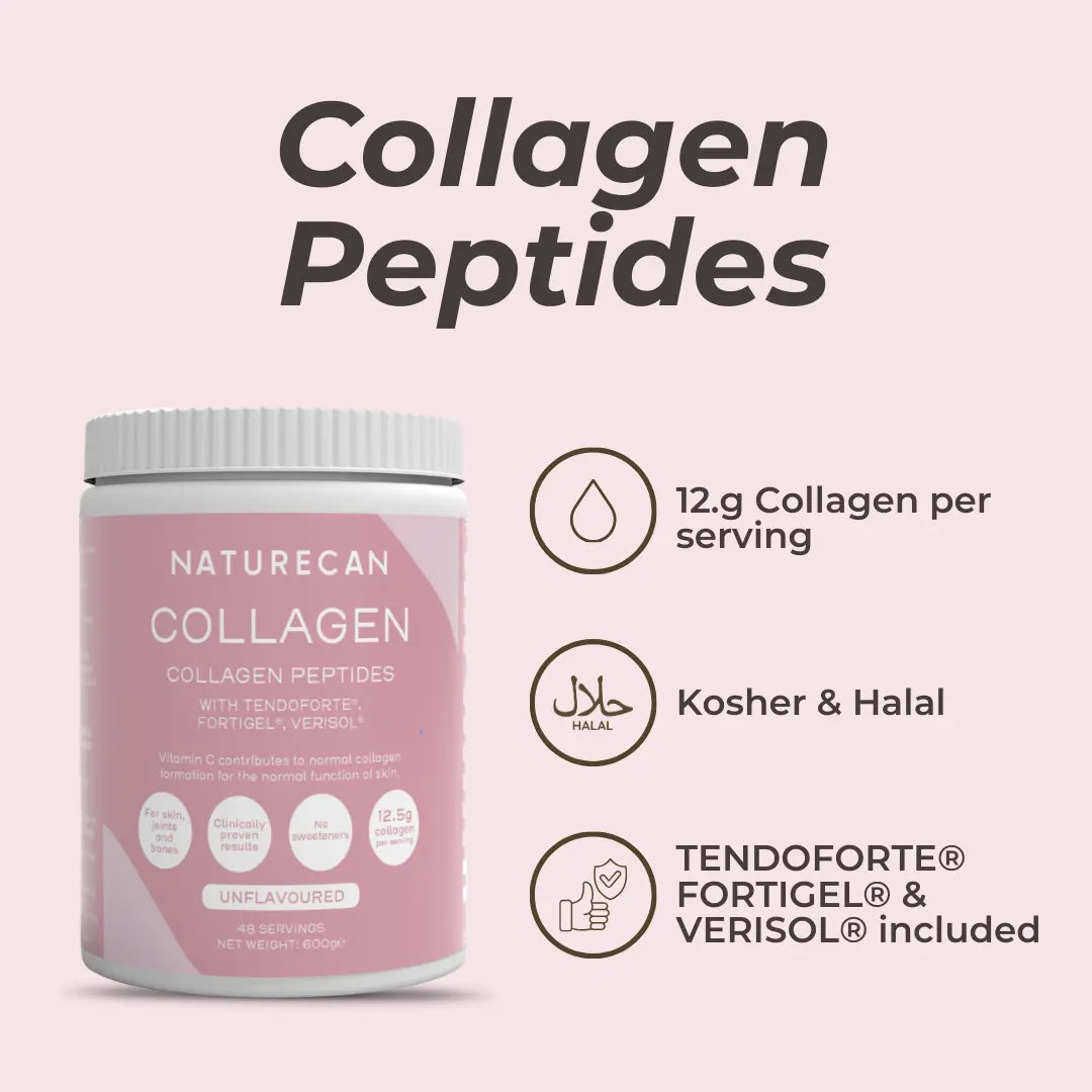 Naturecan Collagen Peptides container with product details on a pink background