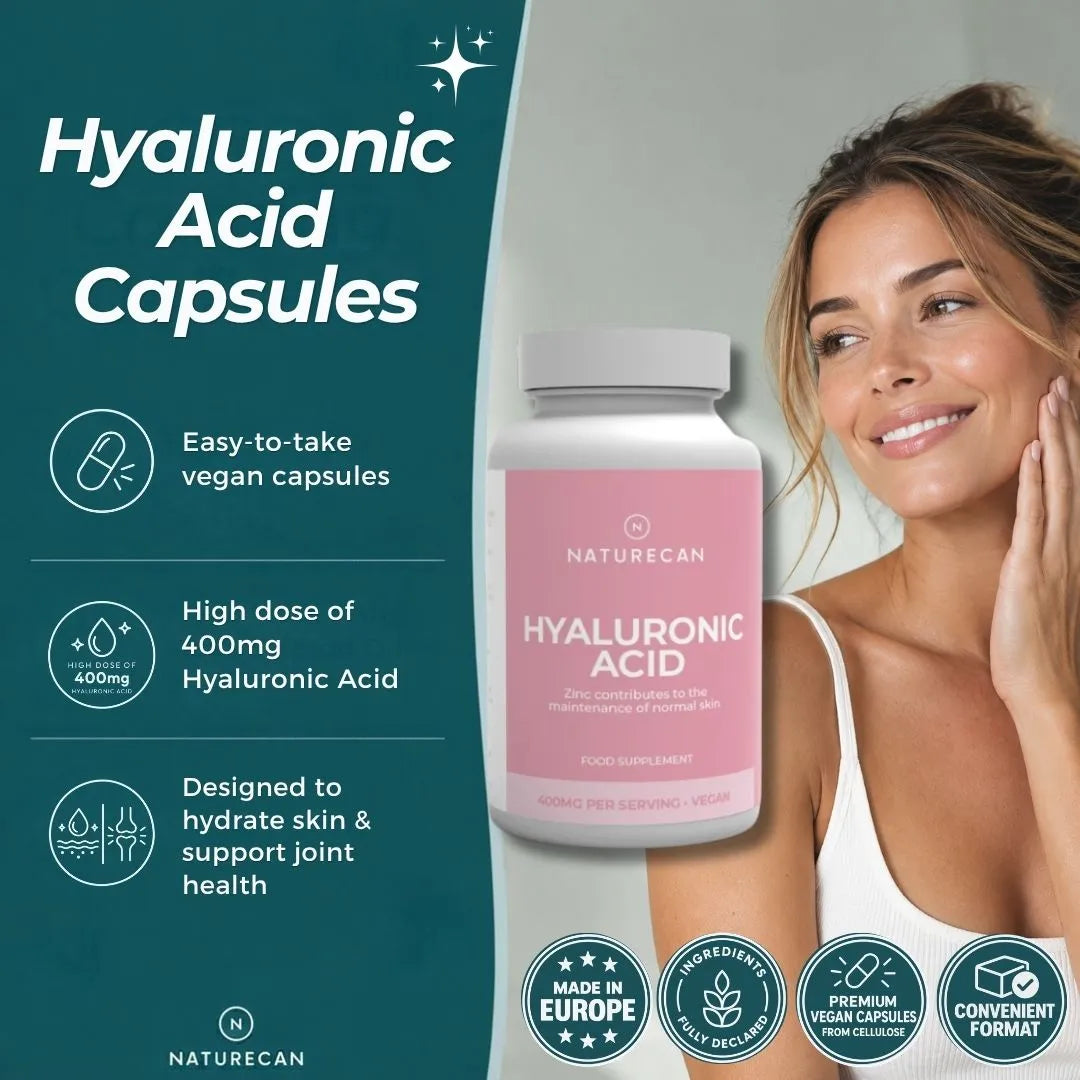 Naturecan Hyaluronic Acid Capsules supplement bottle shown next to a smiling woman on a split teal and light gray background with product benefits and badges.