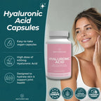 Naturecan Hyaluronic Acid Capsules supplement bottle shown next to a smiling woman on a split teal and light gray background with product benefits and badges.