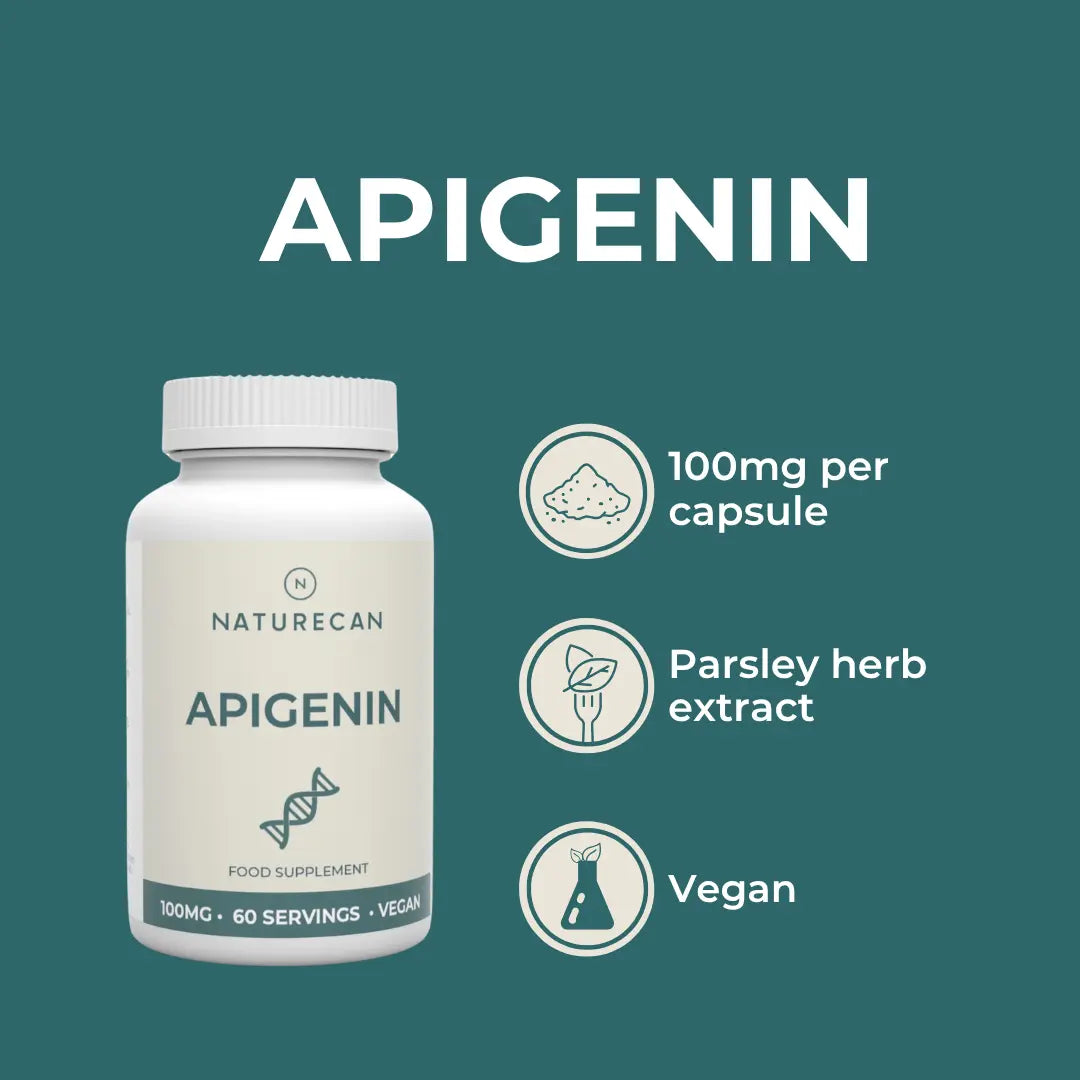 Naturecan Apigenin supplement bottle, 100mg per capsule, parsley herb extract, vegan.