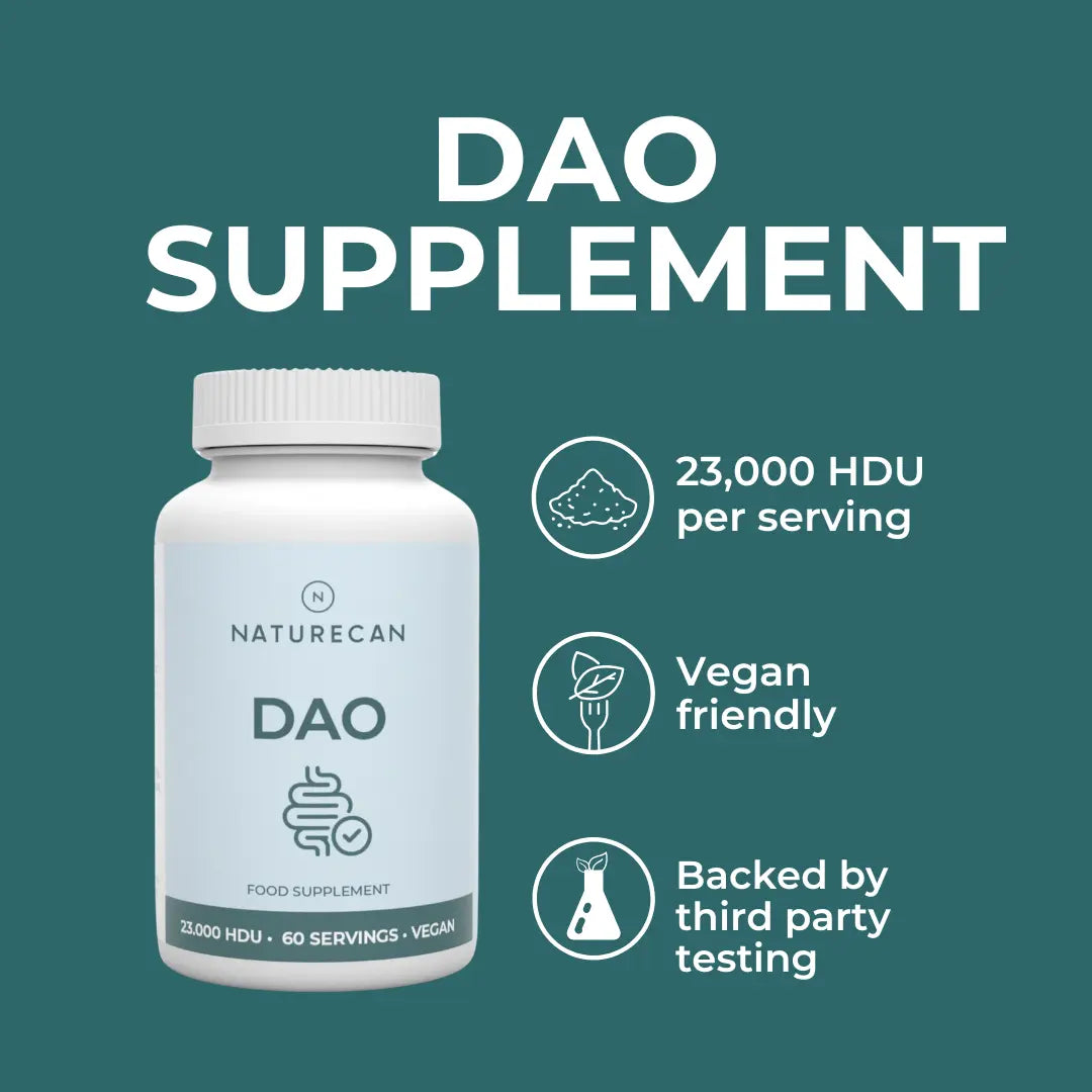 Naturecan DAO supplement bottle with 23,000 HDU per serving, vegan-friendly, and third-party tested.