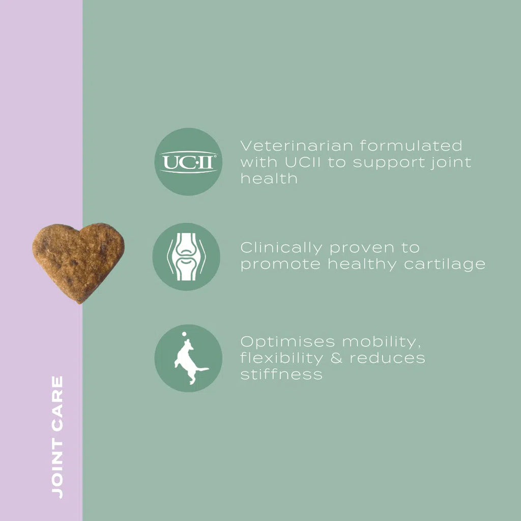 Heart-shaped treat with joint care benefits, featuring UCII support for joint health and healthy cartilage promotion.