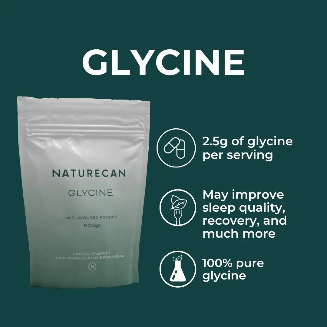 Naturecan Glycine powder package with text on a green background