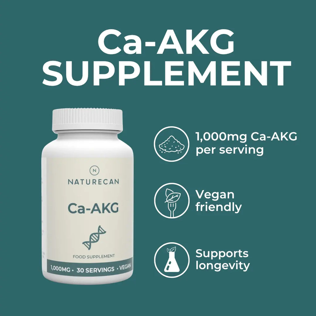Ca-AKG supplement bottle with features on a green background