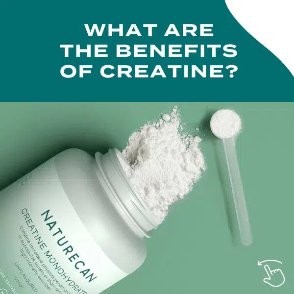 Naturecan Creatine Monohydrate powder with a scoop on green background, text asks about creatine benefits.