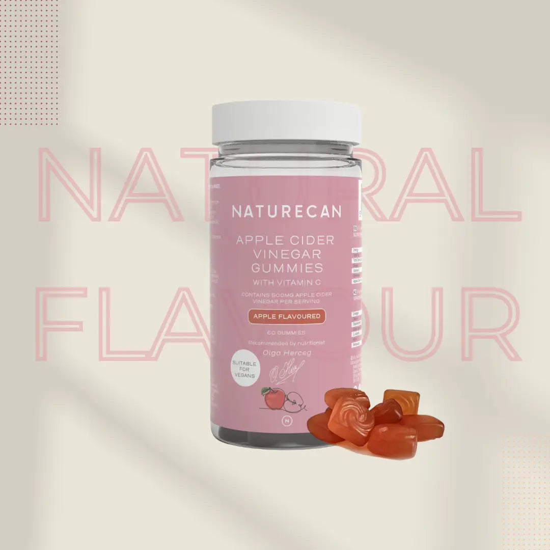 Naturecan Apple Cider Vinegar Gummies packaging with scattered gummies, highlighting natural apple flavour.