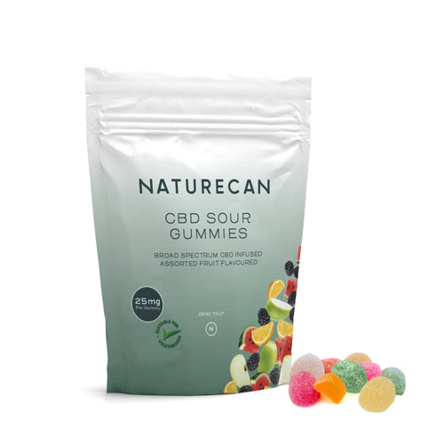 Naturecan CBD sour gummies packaging with colorful fruit images and 25mg CBD label.