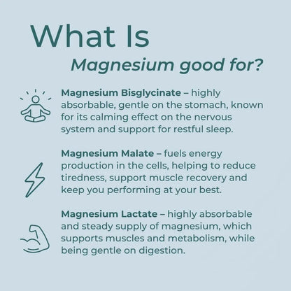Triple Magnesium Powder container with key features on a light blue background