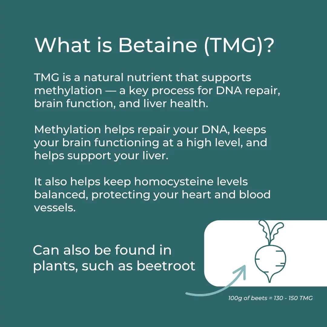 Betaine (TMG) supports methylation for DNA repair, brain, and liver health, found in beets, 100g equals 130-150 TMG.