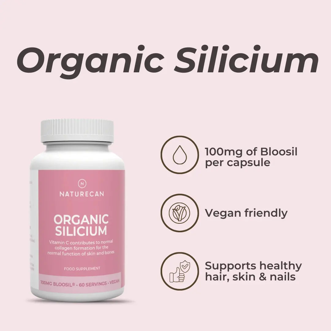 Naturecan Organic Silicium supplement bottle with pink label on a light pink background