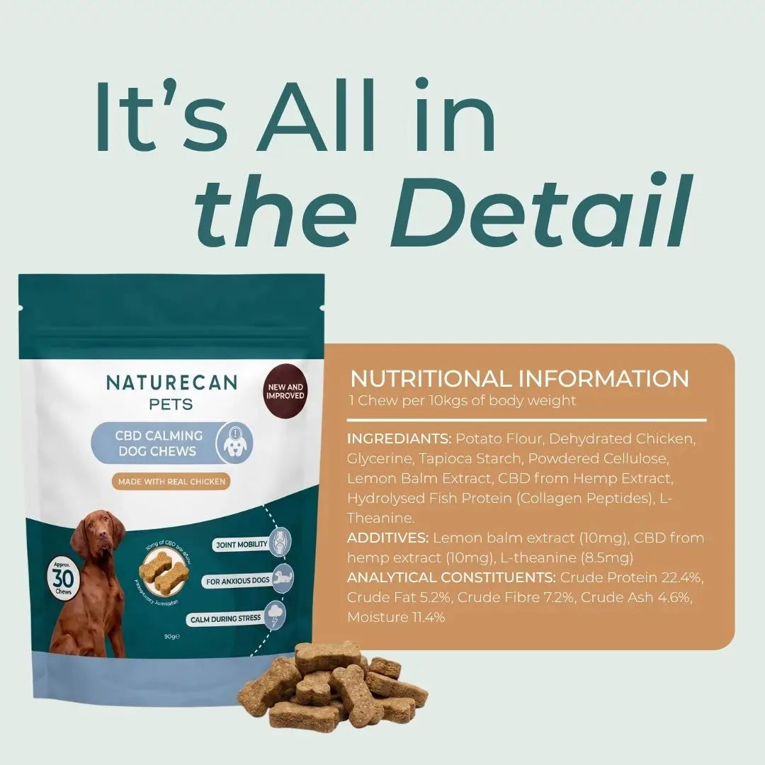 Naturecan Pets CBD calming dog chews packaging with nutritional information on a light blue background.
