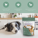 Naturecan Pets packaging with a Border Collie in a kitchen, highlighting 70% chicken, hypoallergenic recipe, and joint care benefits.