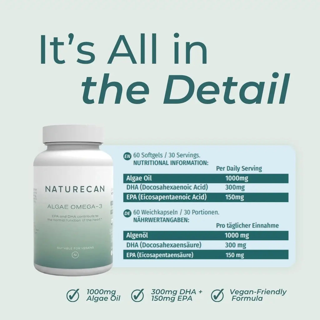 Naturecan Algae Omega-3 softgels bottle shown beside a light blue information panel with German text detailing ingredients and dosages, under the headline 'It's All in the Detail' on a pale green background.
