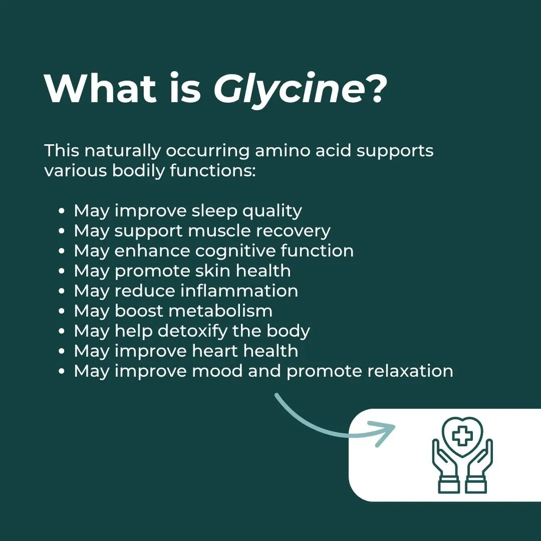 Information about glycine with a list of its benefits on a dark green background.