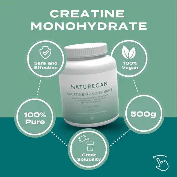 Naturecan Creatine Monohydrate packaging with benefits: 100% pure, vegan, effective, 500g, great solubility.