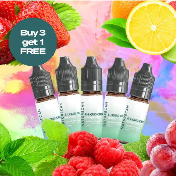 Naturecan E-Liquid CBD bottles with strawberries, raspberries, lemon, and mint. Offer: Buy 3, get 1 free.