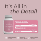 Naturecan Myo-Inositol food supplement bottle on a dusty pink background with promotional text reading 'It's All in the Detail' and a pink information panel detailing 60 capsules, 1000mg dosage, and benefits.