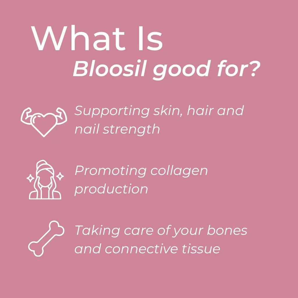 Pink background with text and icons about Bloosil's benefits on a pink background